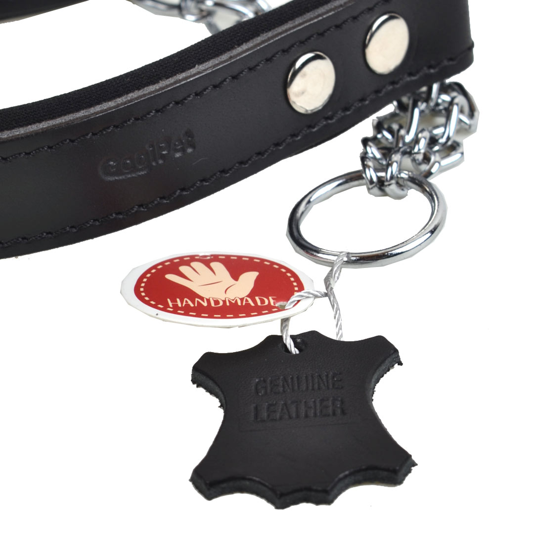 Collar de ahorque para perros de cuero negro acolchado con cadena hecho por GogiPet® 