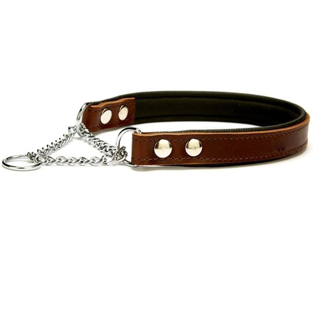 Collar de ahorque para perros de cuero acolchado marrón con cadena de GogiPet
