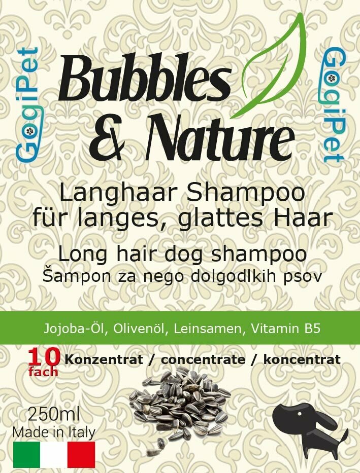 Champú para perros de pelo largo de GogiPet con aceite de jojoba, aceite de oliva, linaza y provitamina B5.