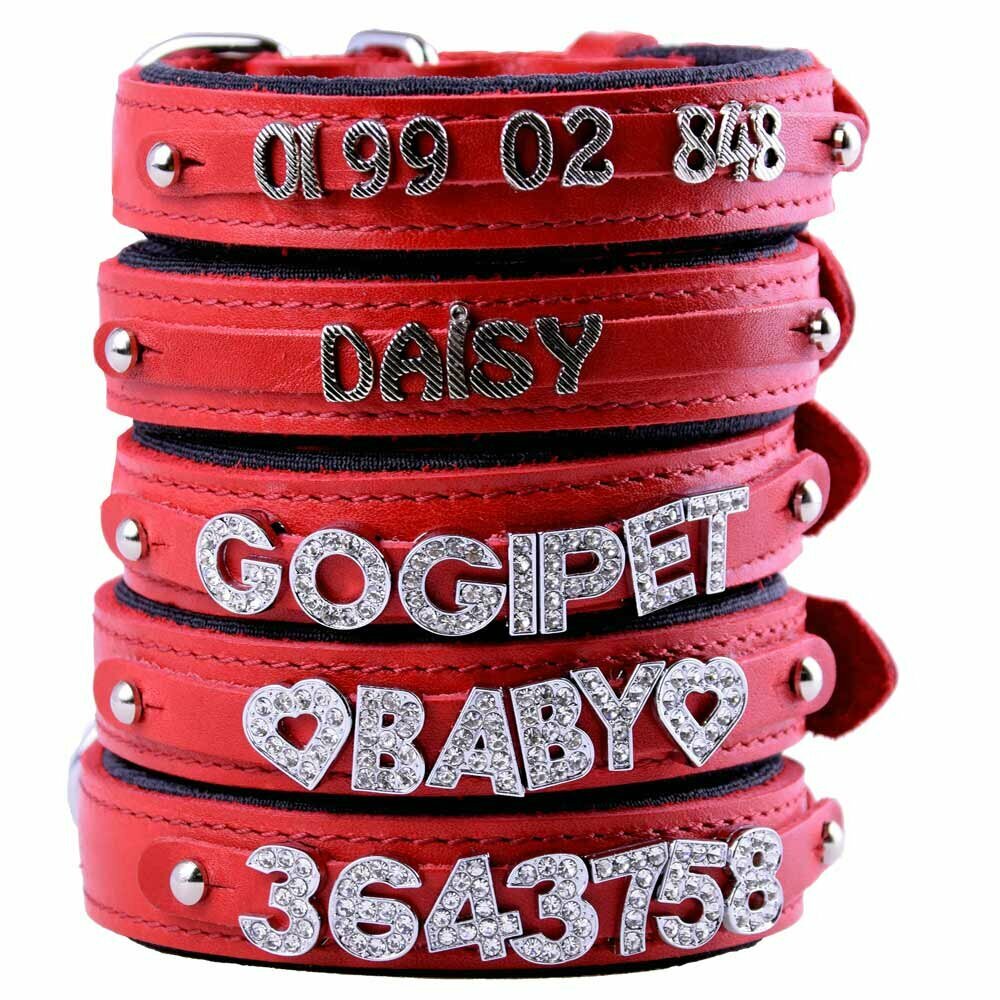 Collar para perros de cuero auténtico con nombre modelo Confort de GogiPet®, rojo y diseñe el collar usted mismo