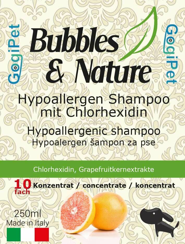 Champú para perros hipoalergénico Bubbles & Nature de GogiPet, con clorhexidina y extractos de semillas de pomelo.