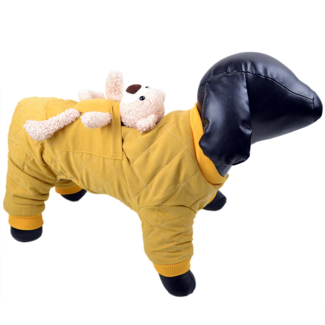 Cálido abrigo para perros con osito de peluche en bolsillo trasero, amarillo