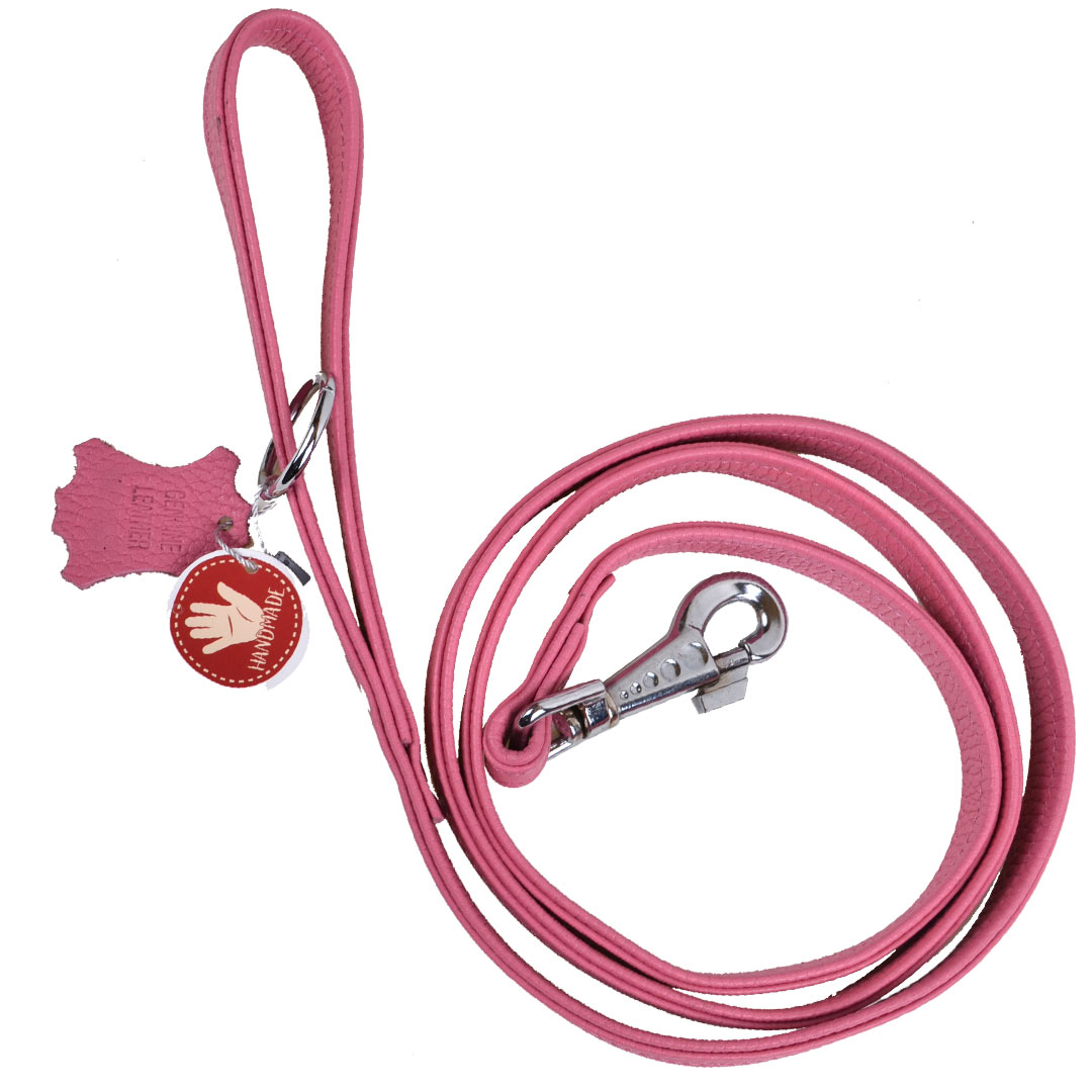 Correa para perros de cuero auténtico rosa de GogiPet® con anillo para dispensador de bolsas