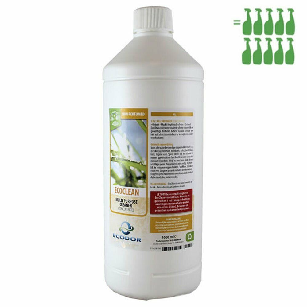 Ecodor EcoClean limpiador multiusos con fórmula activa - 3 en 1, desengrasa, higieniza y elimina olores. Botella de 1L. Concentrado.