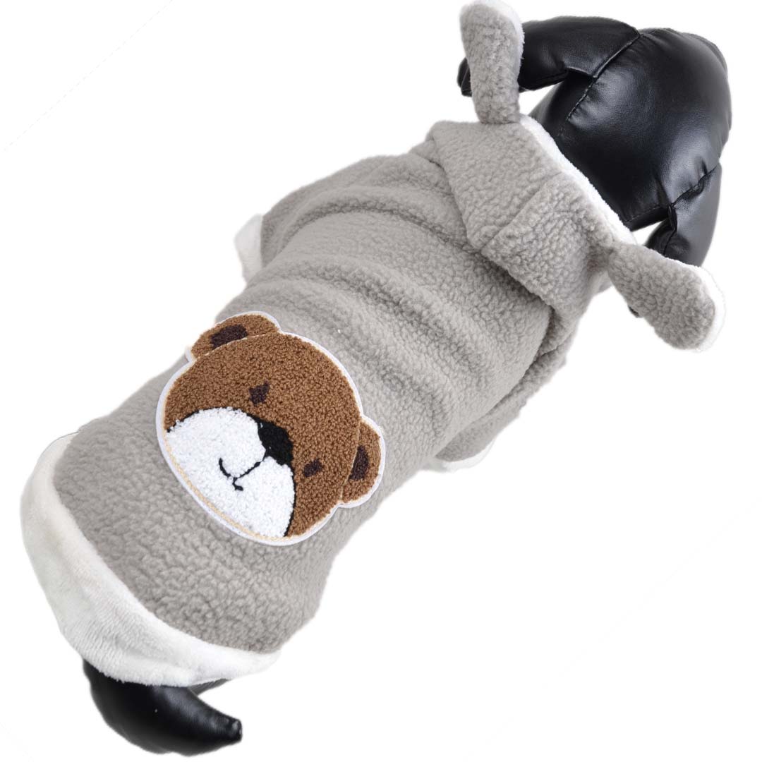 Abrigo para perros de forro polar Sherpa con osito en la espalda y capucha con orejas, gris