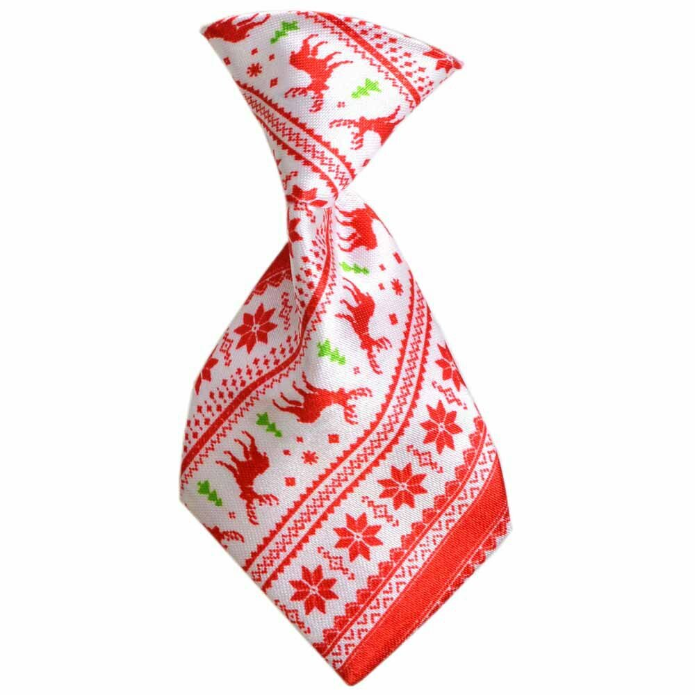 Corbata para perros navideña blanca con abetos, renos y copos de nieve de GogiPet, ajustable