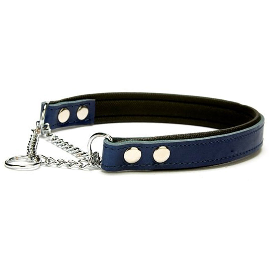 Collar de ahorque para perros de cuero acolchado azul con cadena de GogiPet