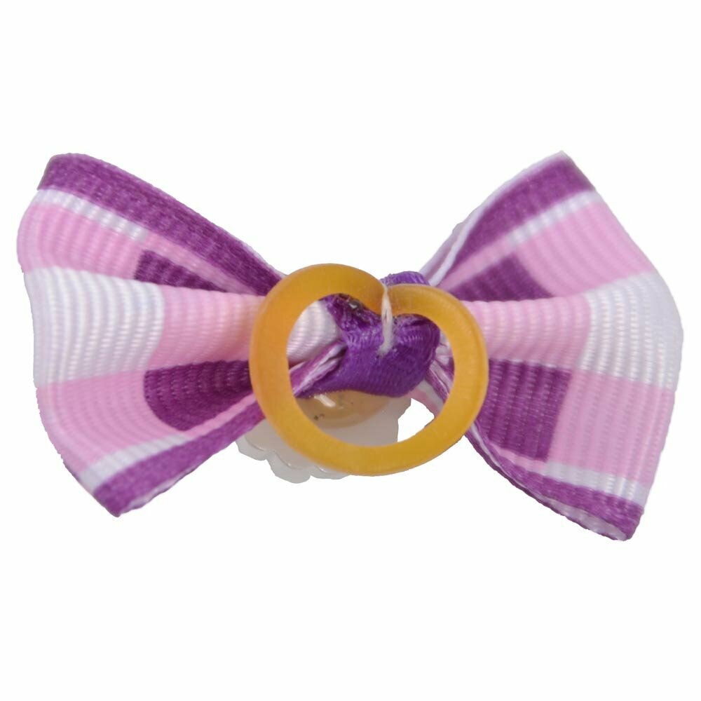 Lazo para el pelo con perla decorativa y cuadros en tonos lilas y blancos de diseño encantador con goma elástica de GogiPet - Modelo Macarena