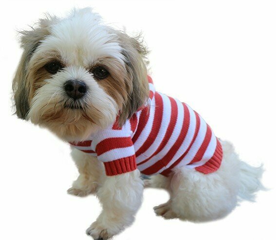 Suéter de punto para perros con rayas rojas y blancas, capucha y huella 2D bordada en la espalda de DoggyDolly