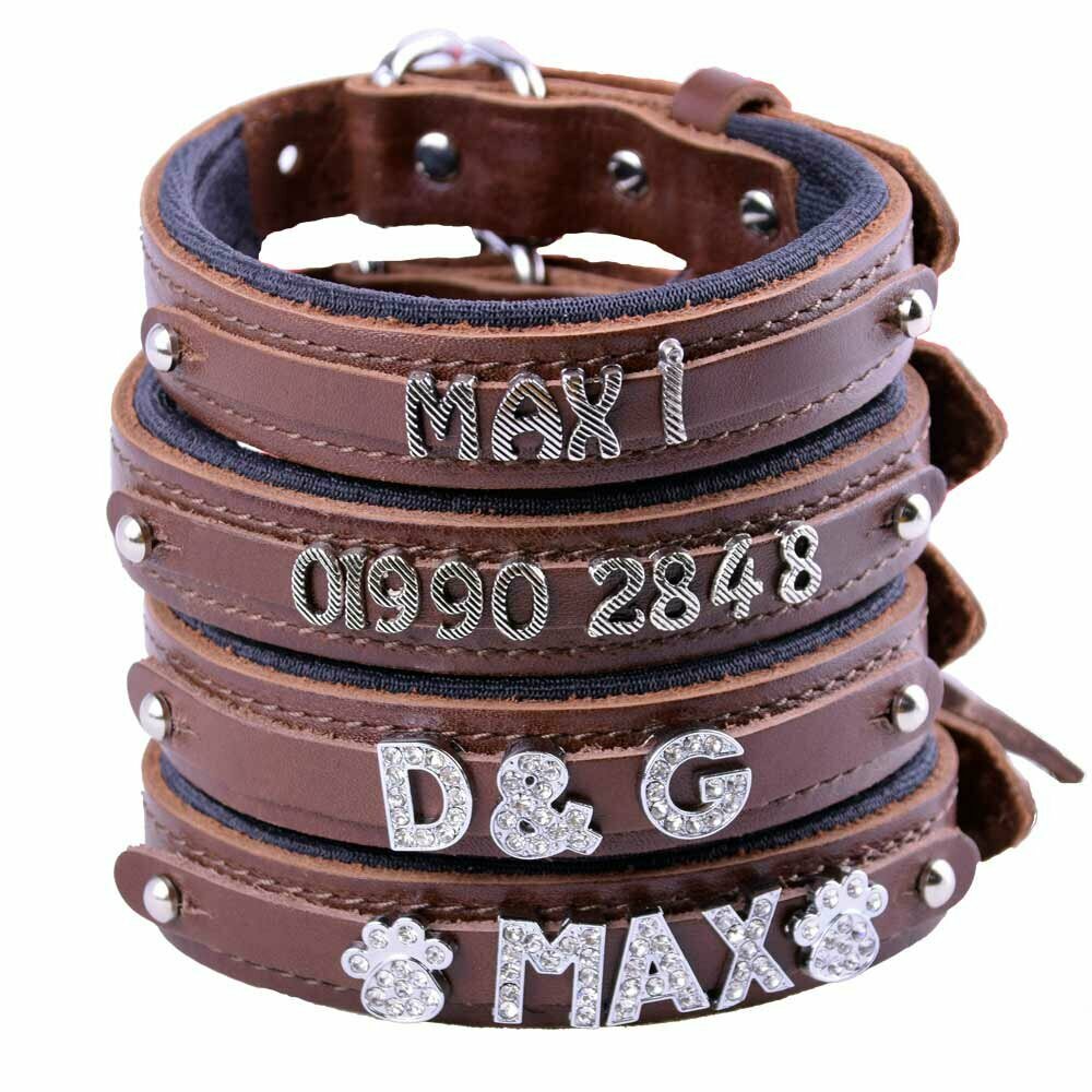 Collar para perros de cuero auténtico con nombre modelo Confort de GogiPet®, marrón y diseñe el collar usted mismo
