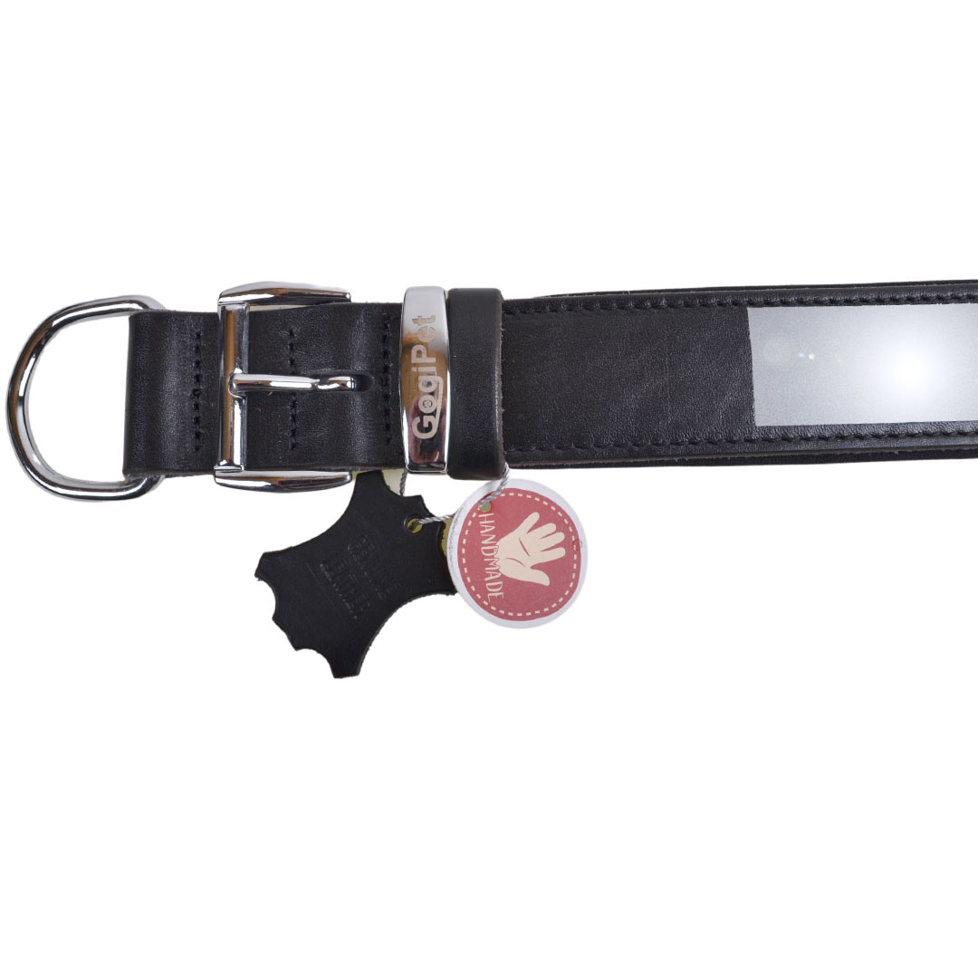 Collar para perros reflectante de cuero auténtico negro GogiPet® y hecho a mano