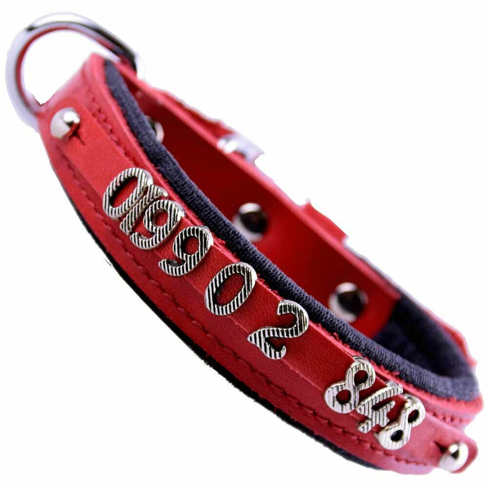 Collar para perros de cuero con nombre modelo Confort de GogiPet®, rojo para dseñar el collar con su número de teléfono