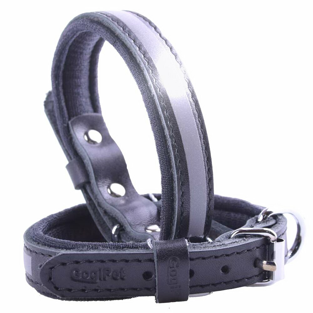 Collar para perros reflectante de cuero negro GogiPet® para mayor seguridad