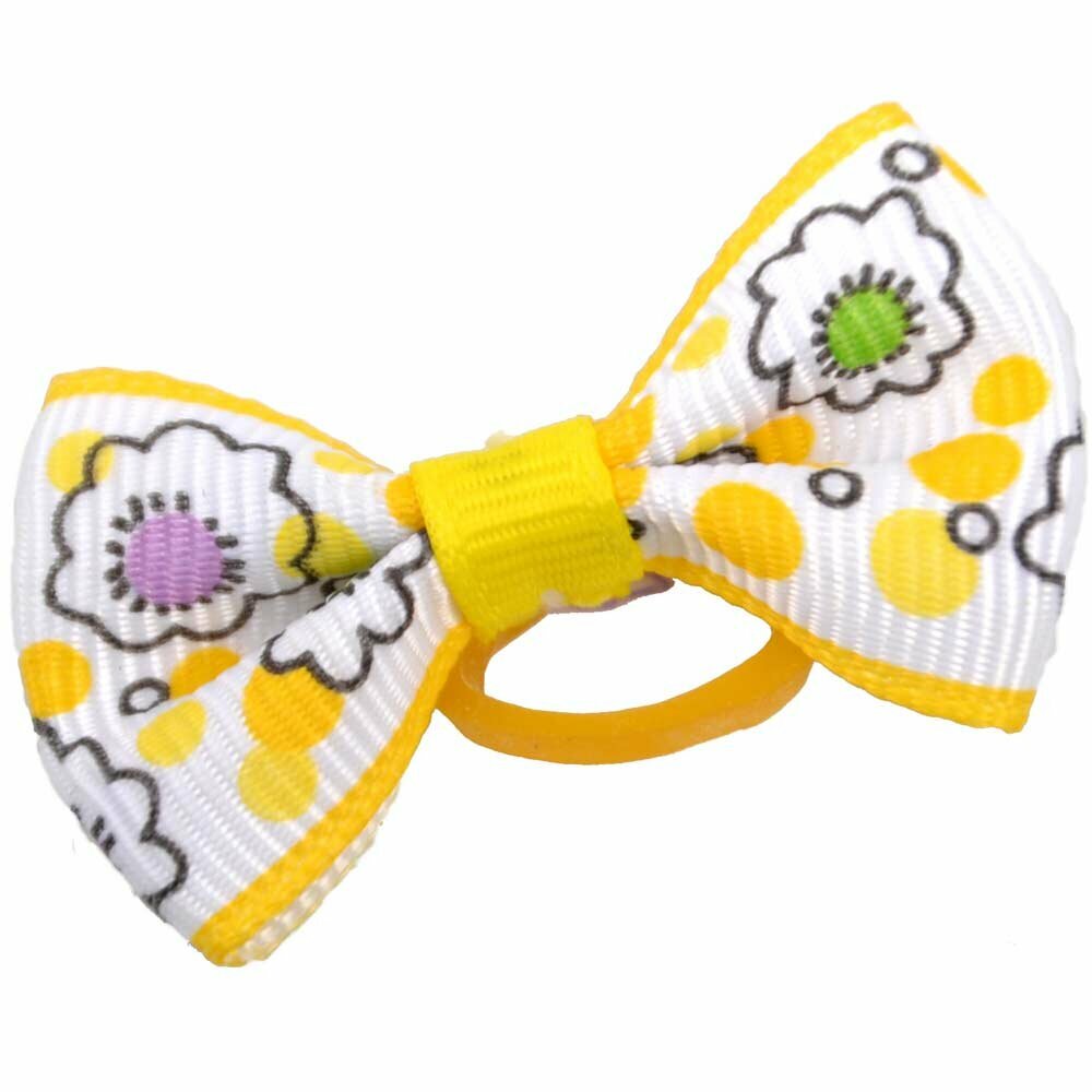 Lazo para el pelo amarillo y blanco con flores de diseño encantador con goma elástica de GogiPet - Mod. Verano