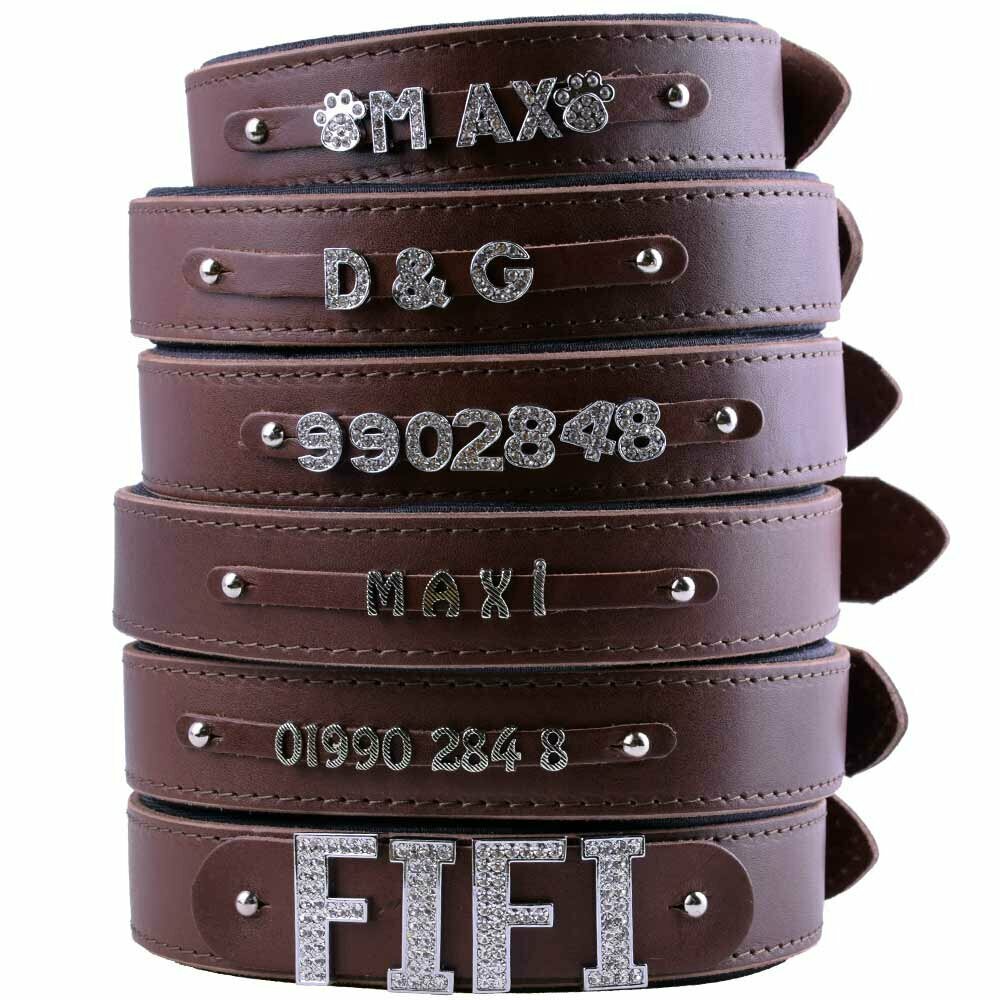 GogiPet® collar con nombre de piel auténtica marrón para letras y números