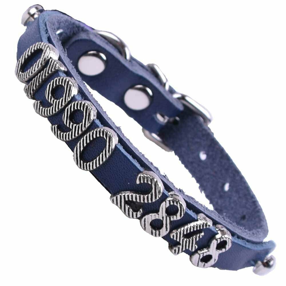 Collar para gatos y cachorros en cuero azul personalizado GogiPet®, crear su propio collar con letras o motivos
