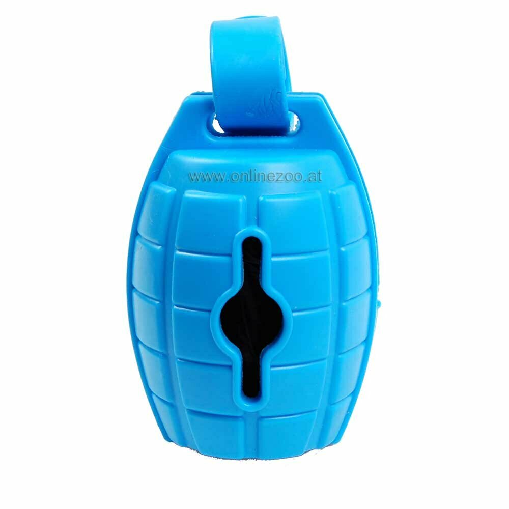 Dispensador de bolsas higiénicas, con diseño militar de granada de mano azul.