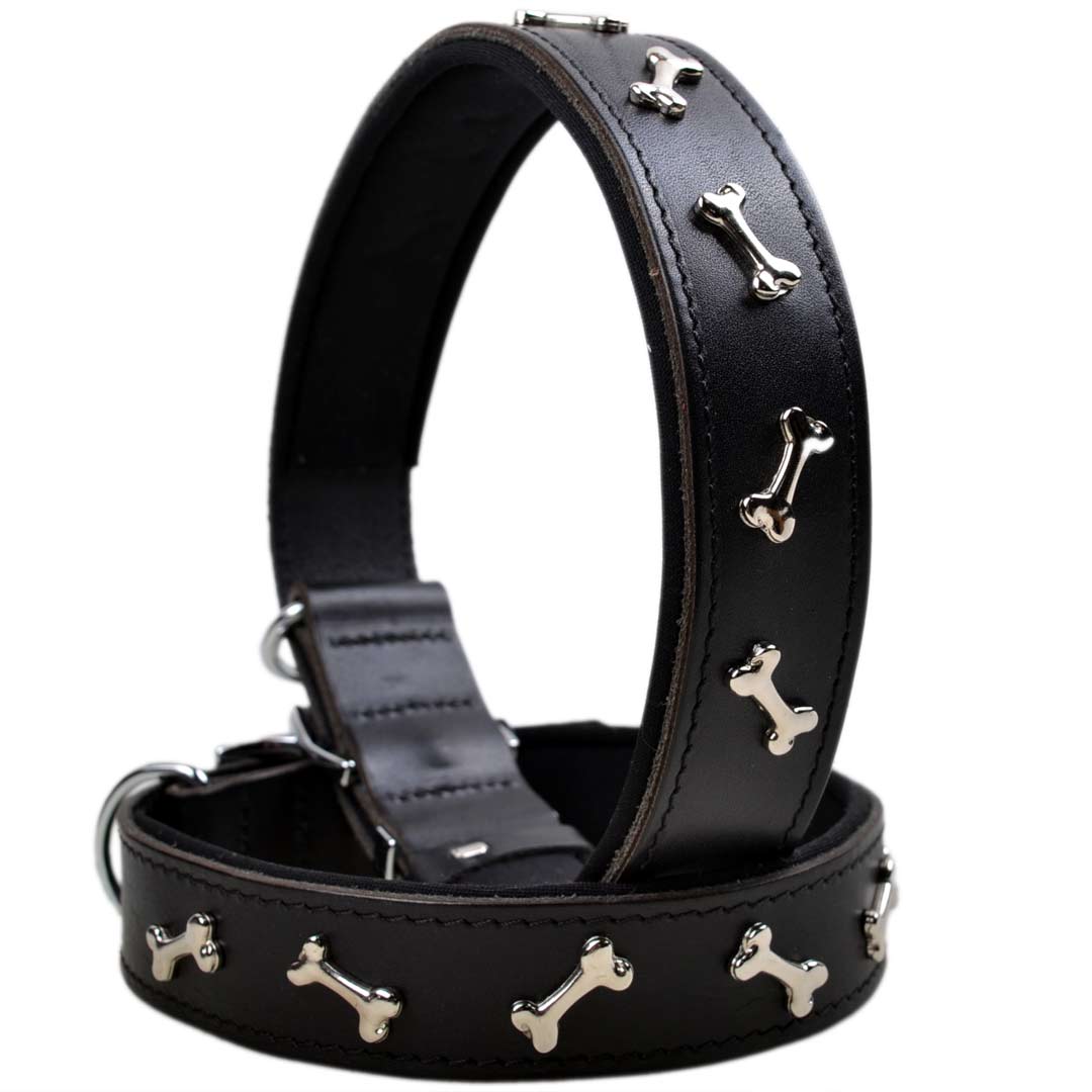 GogiPet hueso decoración collar de perro de cuero genuino negro con forro suave