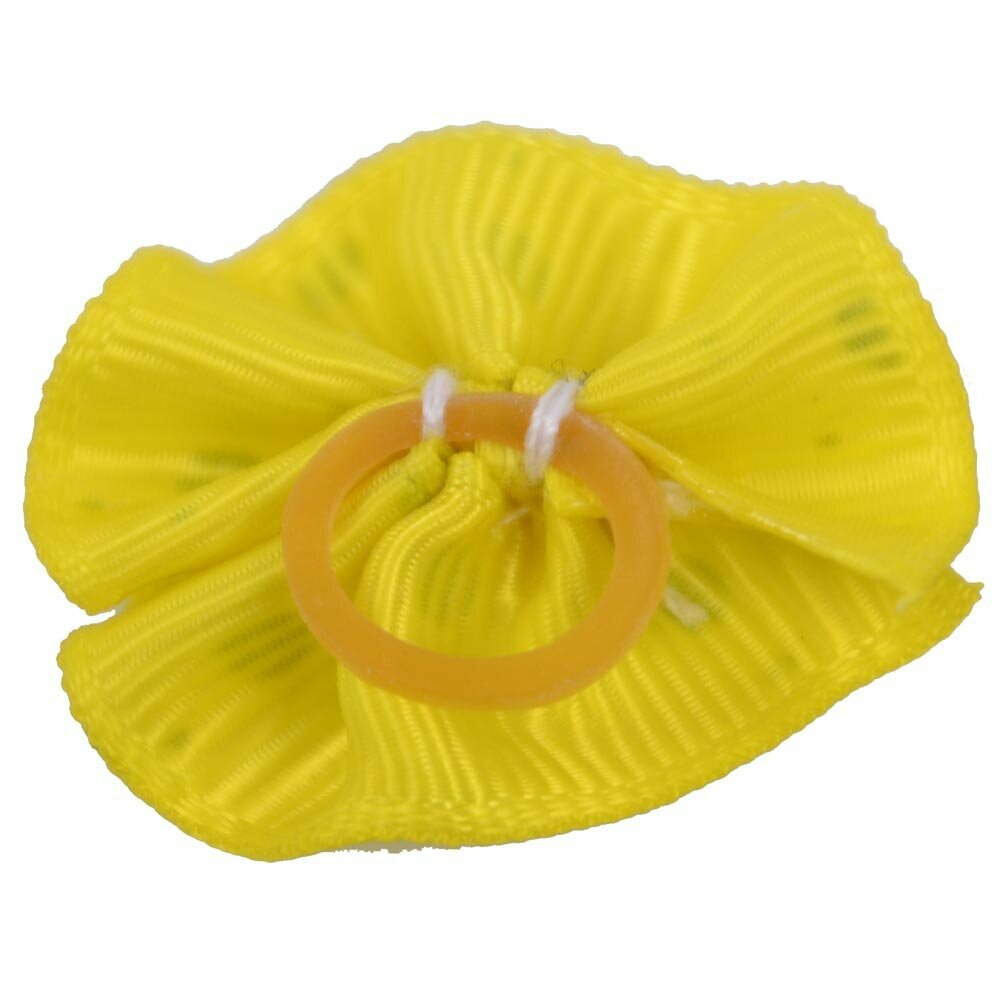 Lazo para el pelo amarillo con lunares y perla en el centro de GogiPet, con goma elástica