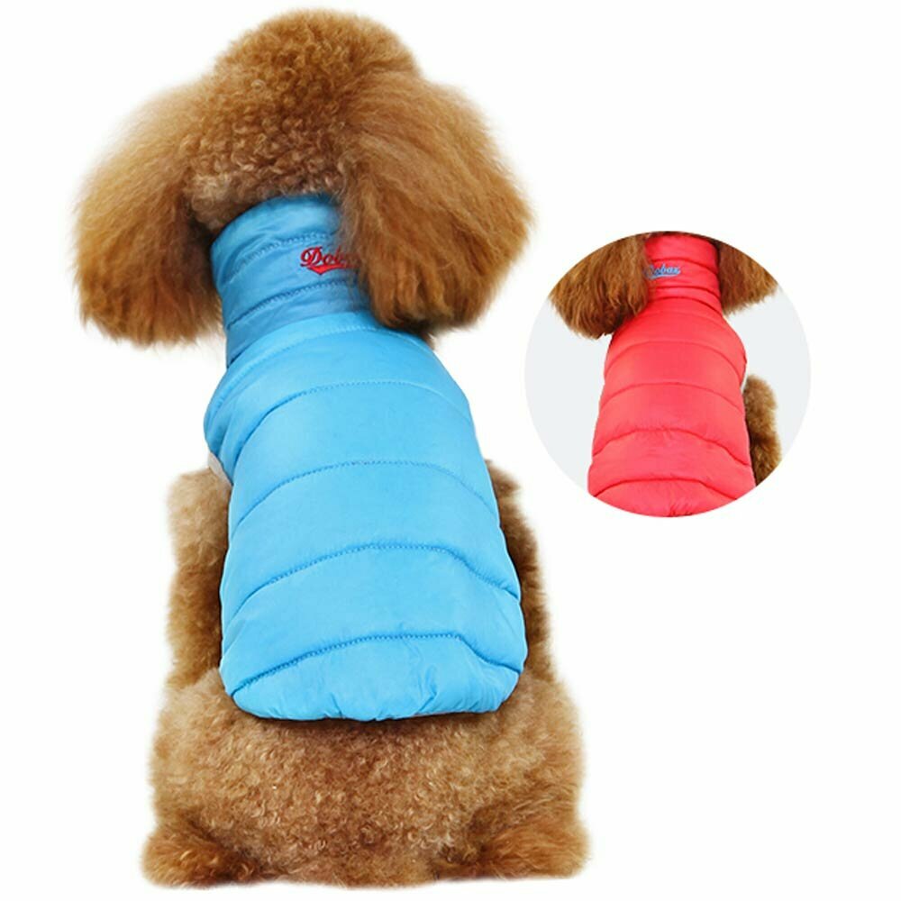 Chaleco plumón reversible para perros de GogiPet, rojo y azul