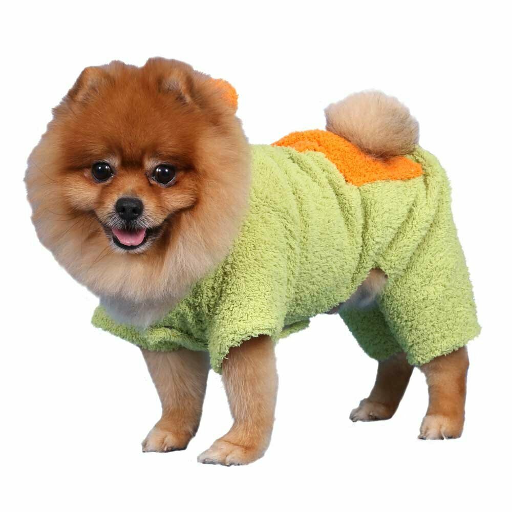 Precioso suéter de peluche para perros verde y naranja con 4 mangas