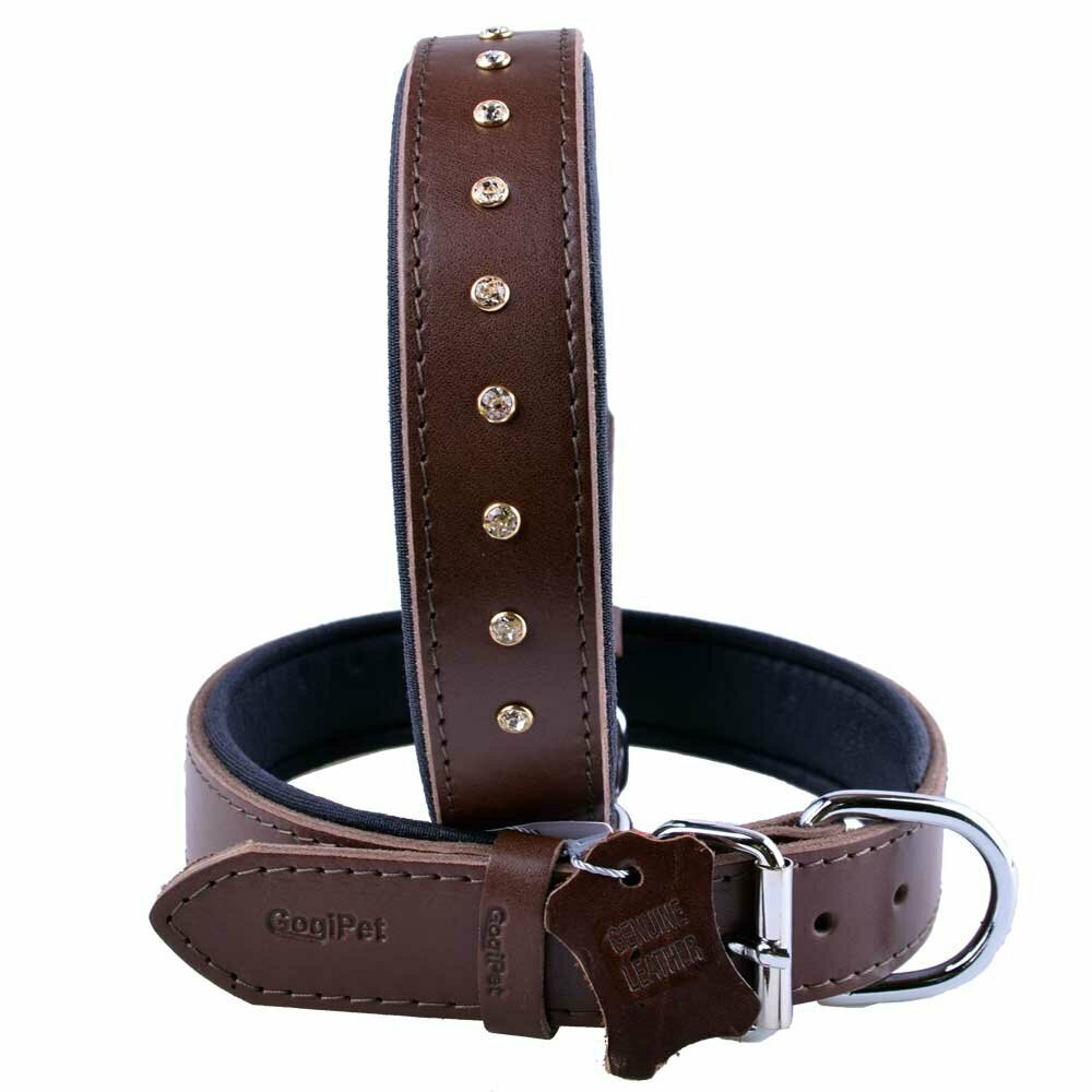 GogiPet® Swarovski collar de perro de cuero de color marrón oscuro