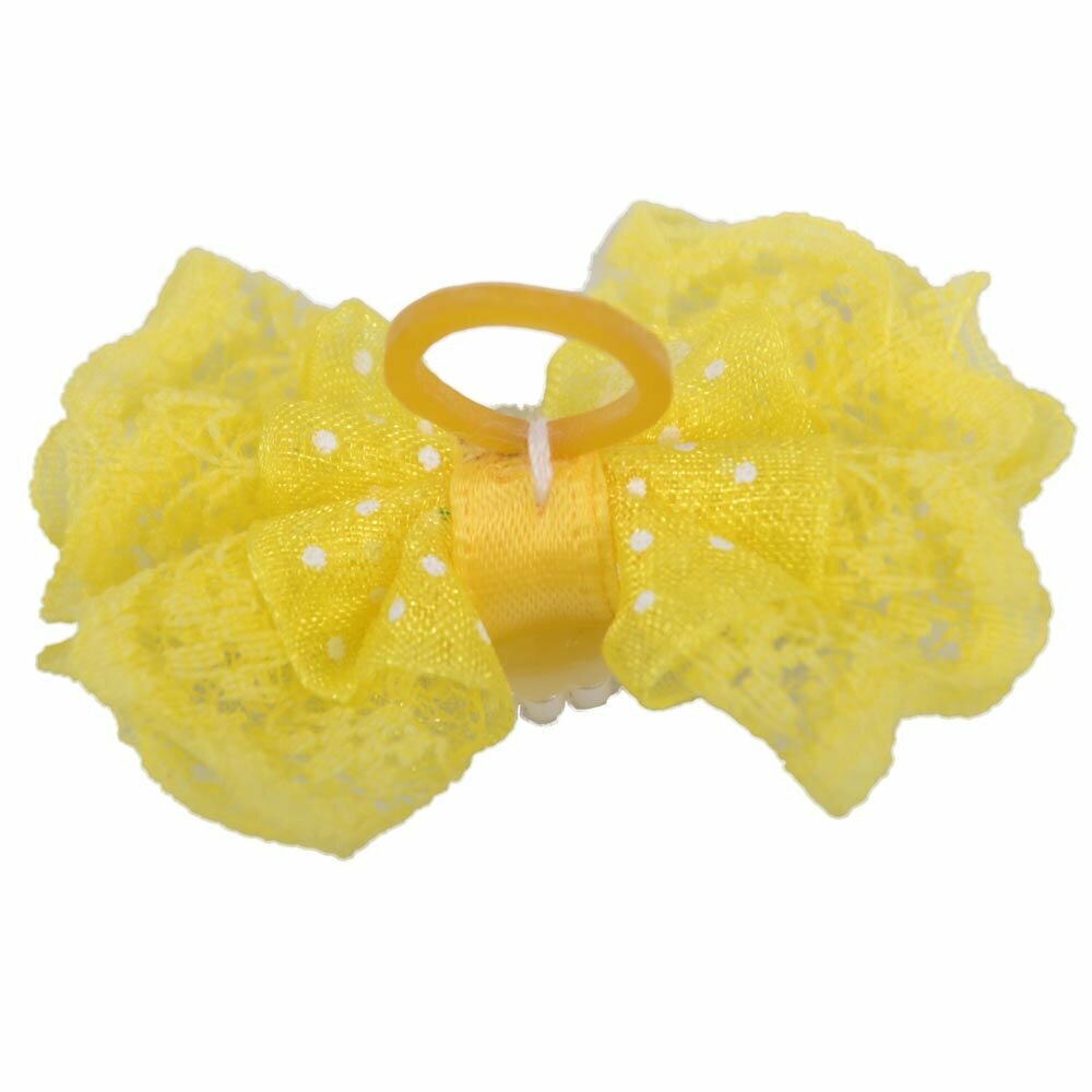 Lazo para el pelo de encaje amarillo con perla en el centro de GogiPet, con goma elástica