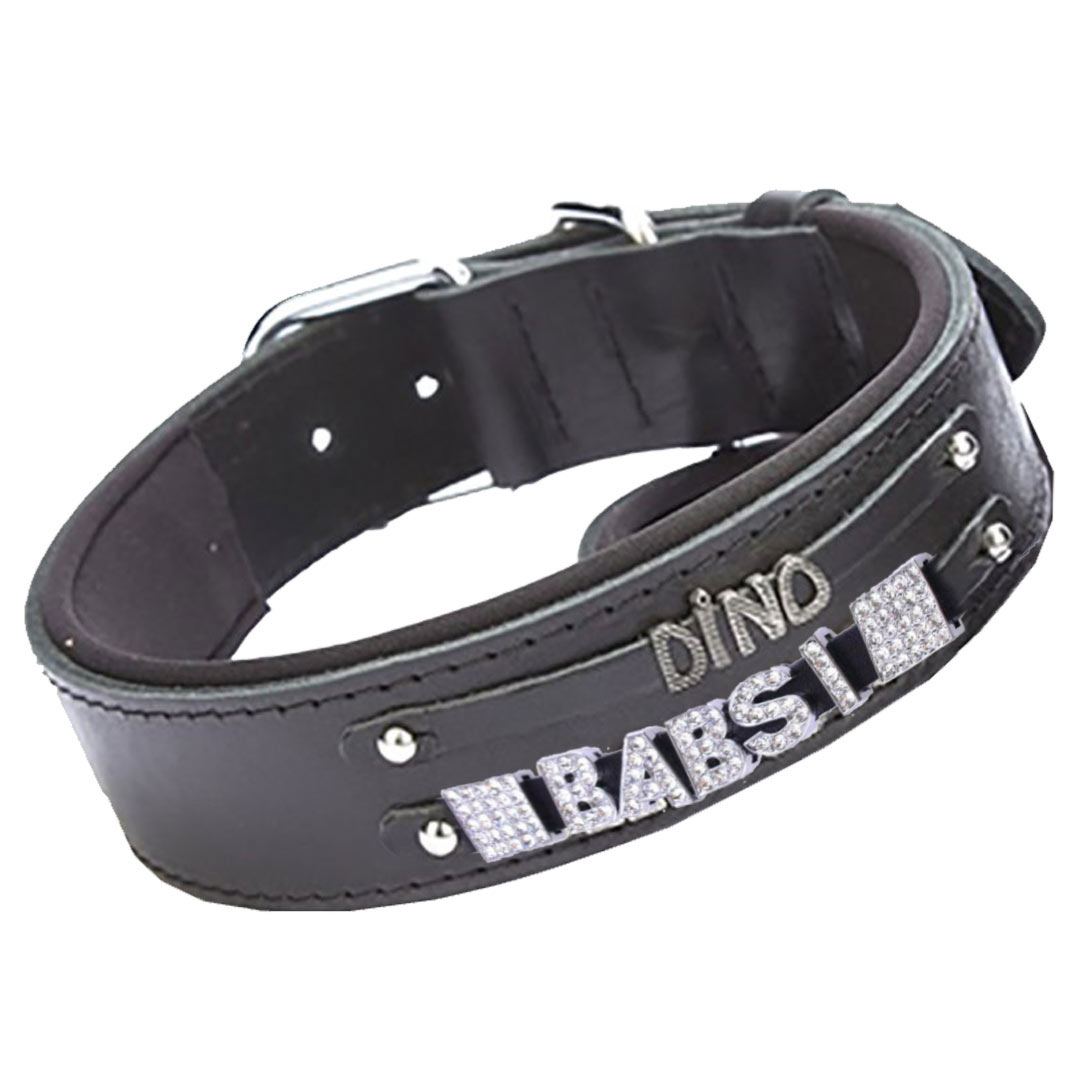 Collar de perro de cuero negro como collar con nombre o collar con número para motivos metálicos y motivos de strass