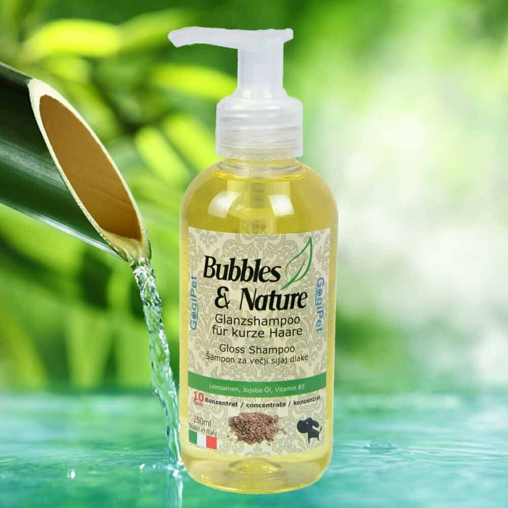 Champú de brillo para perros de GogiPet Bubbles & Nature, con vitamina B5, Linaza y Aceite de Jojoba.
