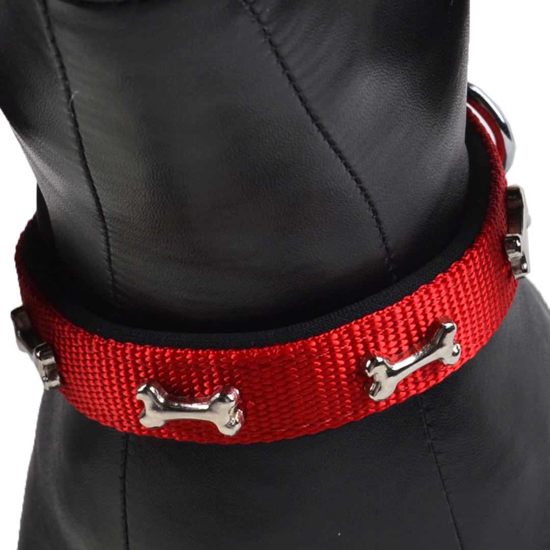 Collar para perros acolchado suav Confort de GogiPet®, rojo con huesos