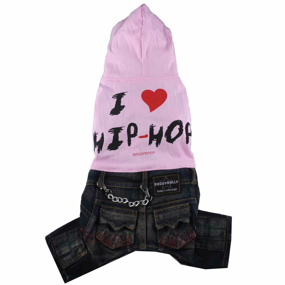 Conjunto de pantalón vaquero y suéter rosa con capucha para perros grandes I love hip hop