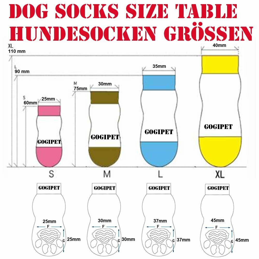 Calcetines antideslizantes para perros GogiPet, guepardo marrón, tabla de tallas