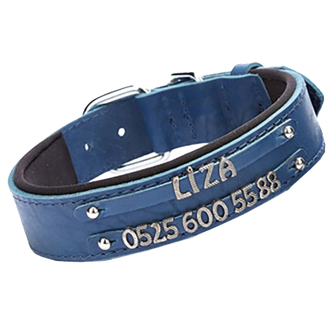 Collar para perros de cuero para 2 nombres modelo Confort de GogiPet®, azul para que diseñe el collar usted mismo