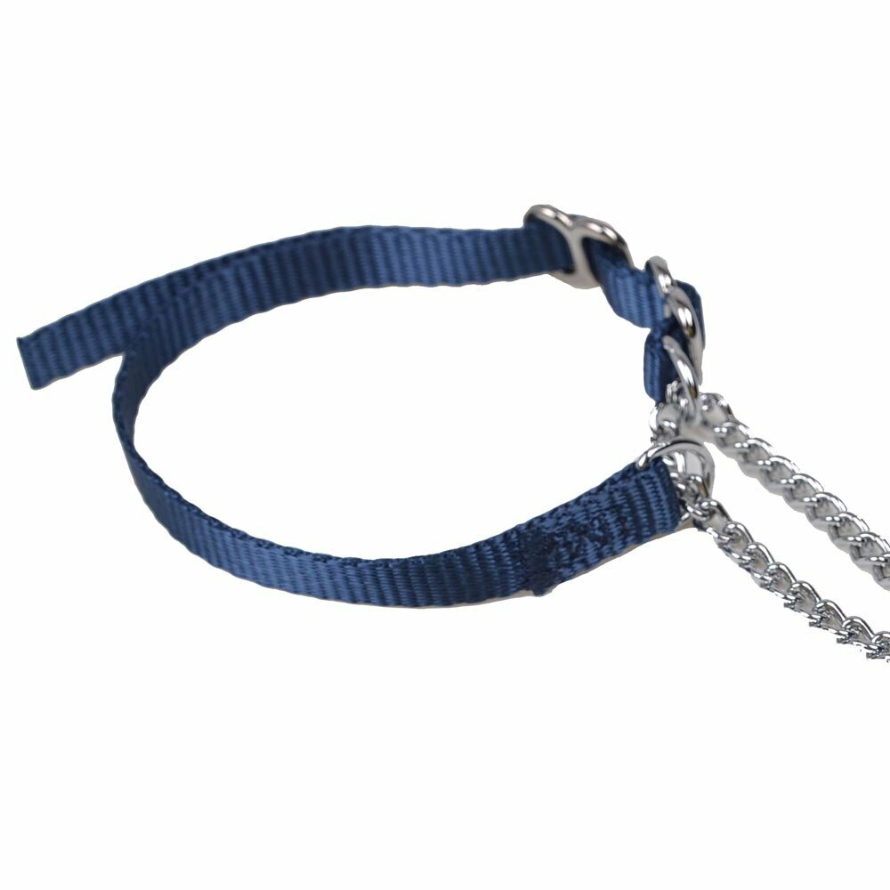 Collar para perros de nylon muy resistente azul marino, 10 mm. de ancho, ajustable - con cadena.