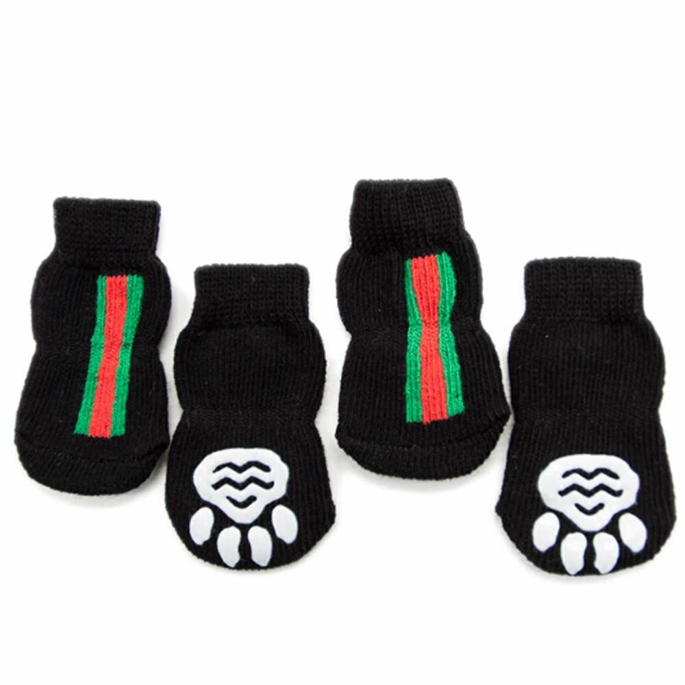 Calcetines antideslizantes para perros GogiPet, negro con rayas verdes y rojas