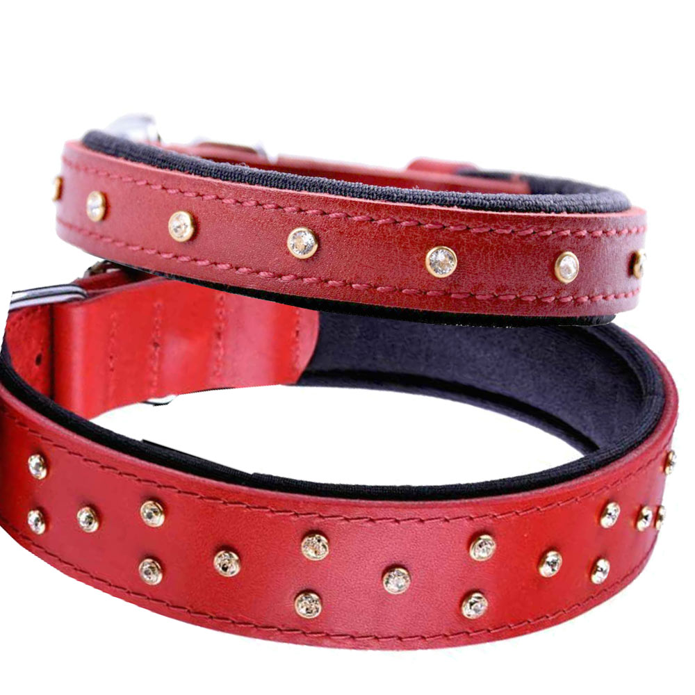 Collar para perros Swarovski de cuero rojo mod. Confort de GogiPet® con acolchado suave
