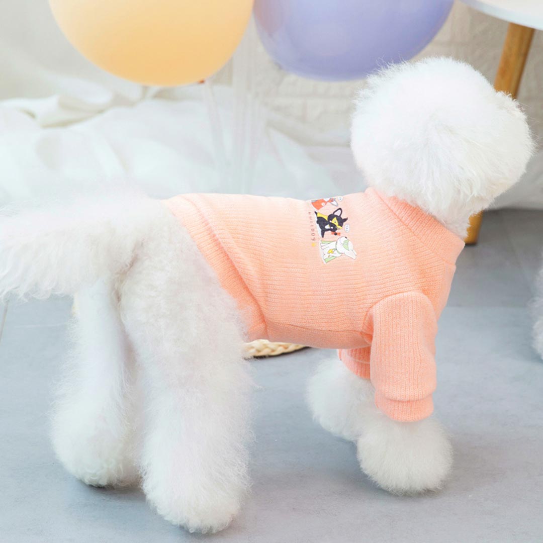 Cálido y bonito suéter para perros con Superhéroes caninos en color rosa 