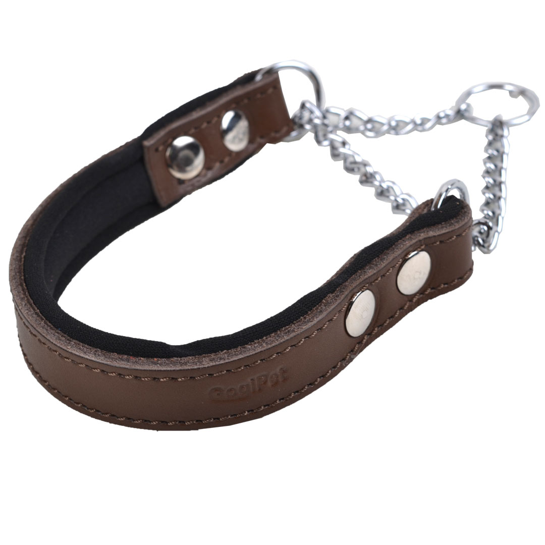 Collar de ahorque para perros de cuero marrón acolchado con cadena de GogiPet®, fácil de poner y quitar