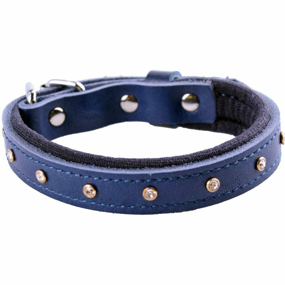 Collar para perros Swarovski de cuero azul mod. Confort de GogiPet® con acolchado suave