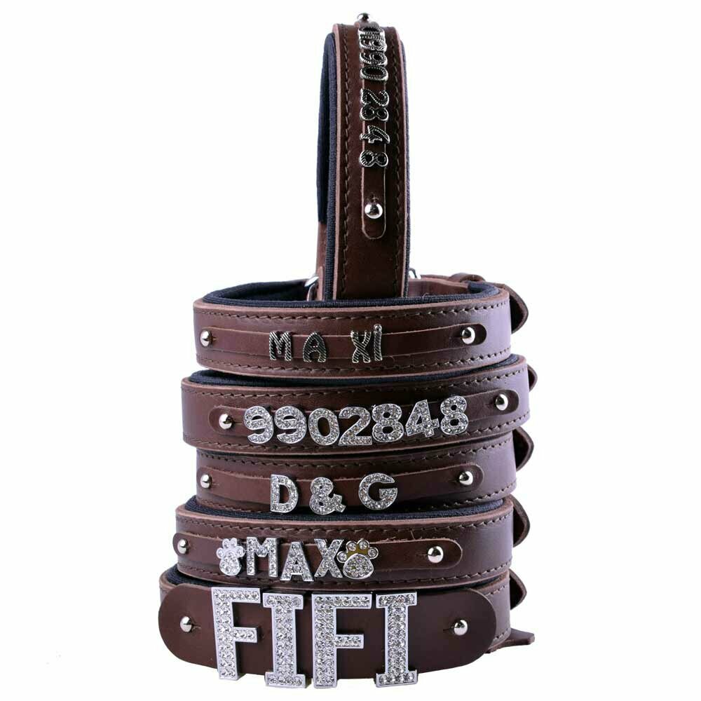 GogiPet® collar con nombre de cuero auténtico marrón con rayas de letras