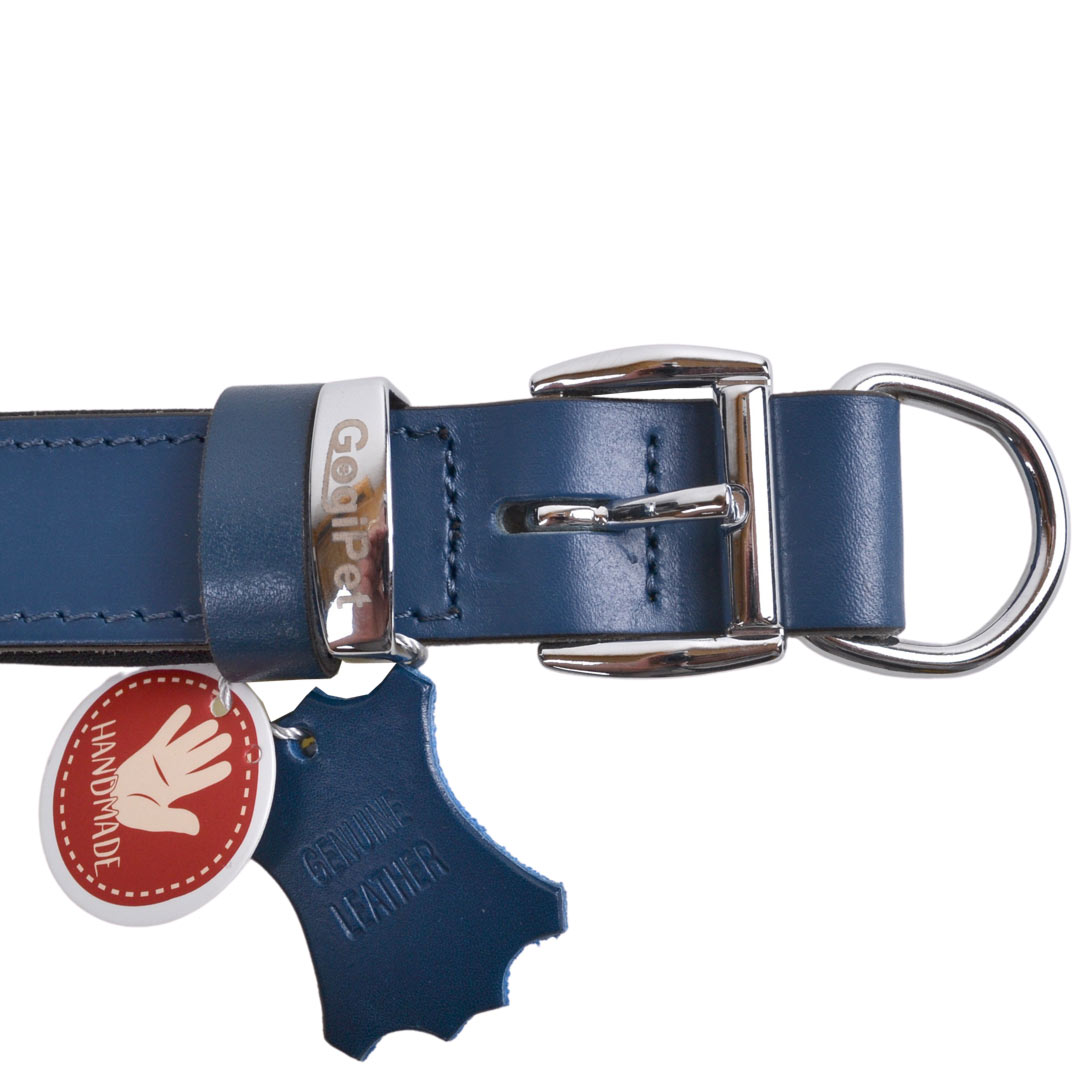 Collar para perros de cuero auténtico y robusto para 2 nombres modelo Confort de GogiPet®, azul con acolchado suave y hecho a mano
