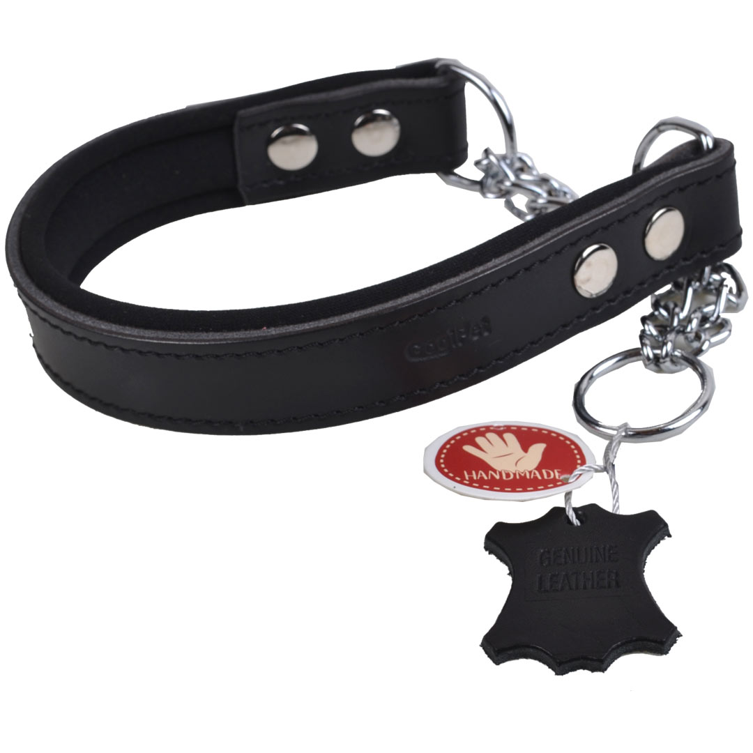 Collar de ahorque para perros de cuero negro acolchado con cadena de GogiPet® para un buen confort de uso