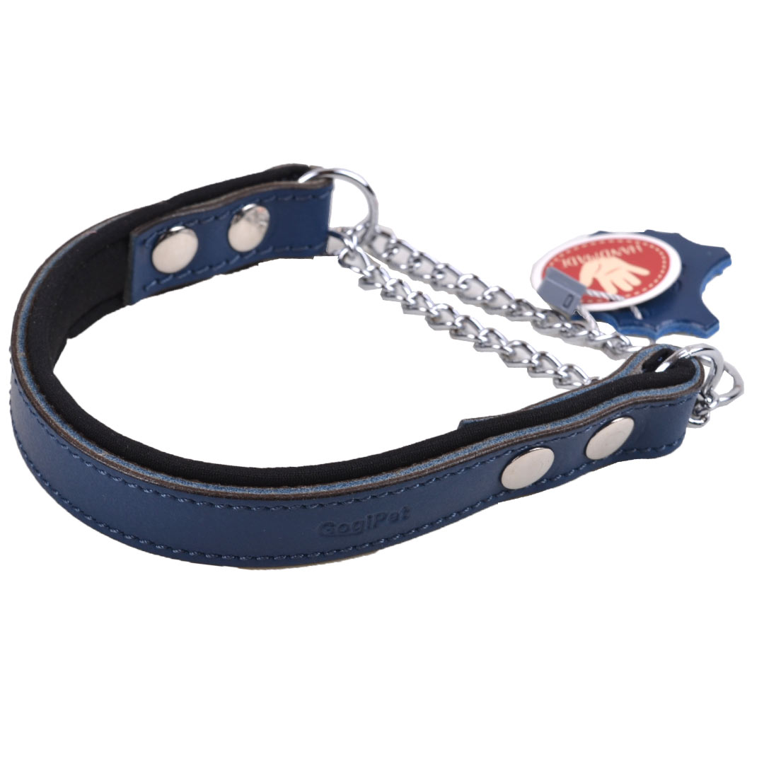 Collar de ahorque para perros de cuero azul genuino acolchado suave con cadena de GogiPet®