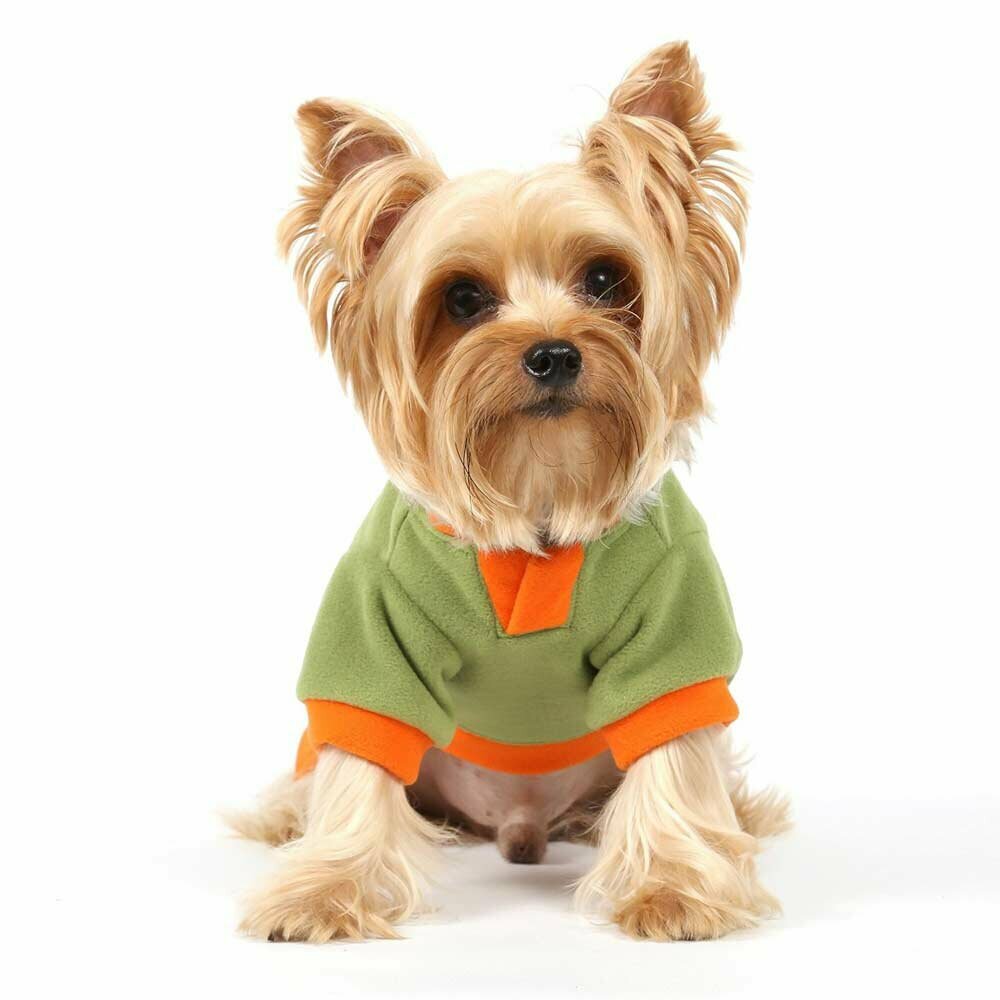 Suéter para perros de forro polar con capucha en color verde y naranja