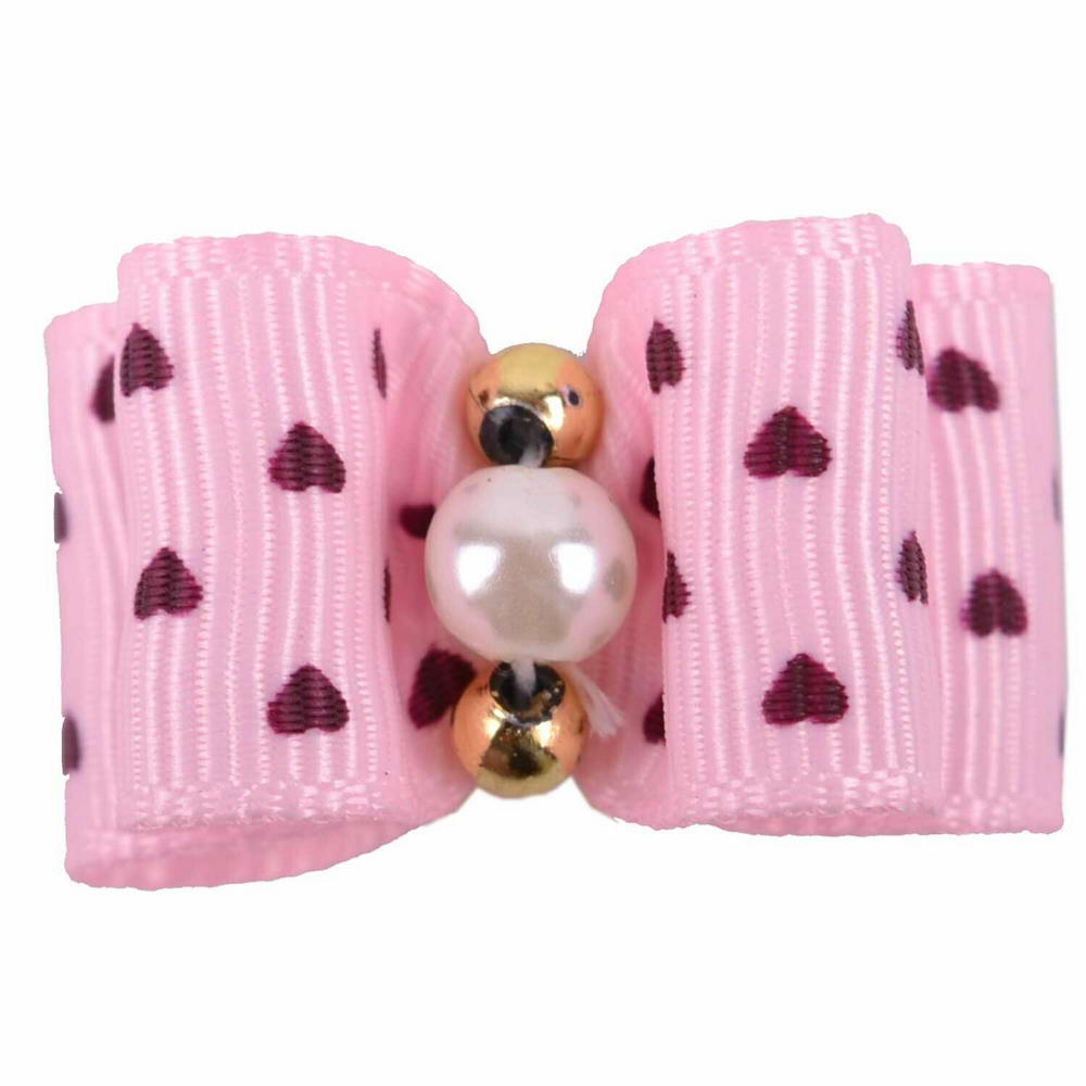 Lazo para el pelo de perros con goma elástica de GogiPet, en color rosa con corazones y perlas decorativas en el centro - Mod. Agatha