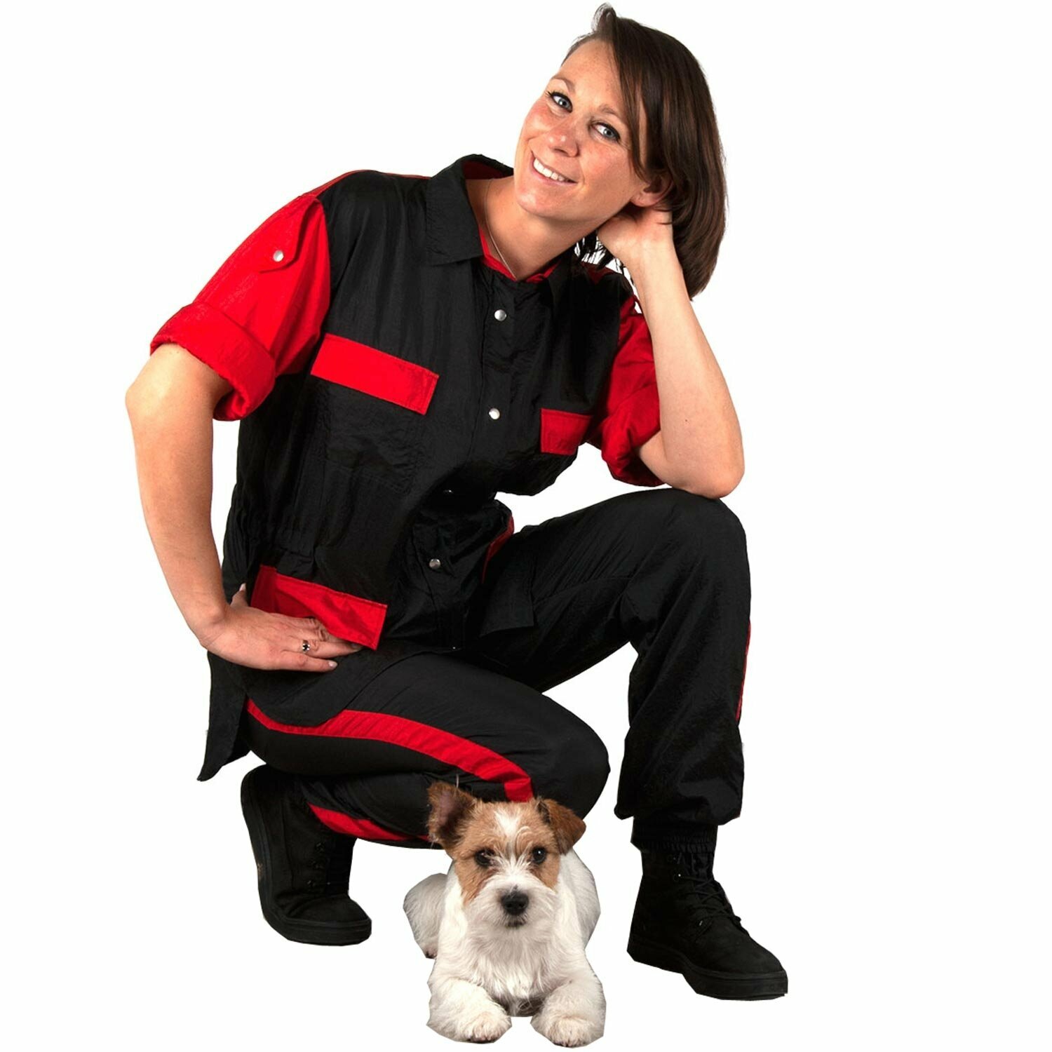 Chaqueta para peluquería canina con manga larga Ambra, negra-roja