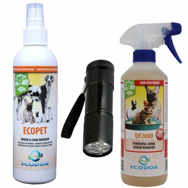 Pack combinado de Ecodor contra la orina animal y humana: UF2000 Removedor de orina-Ecopet contra manchas y olores y EcoLight detector de manchas de orina.