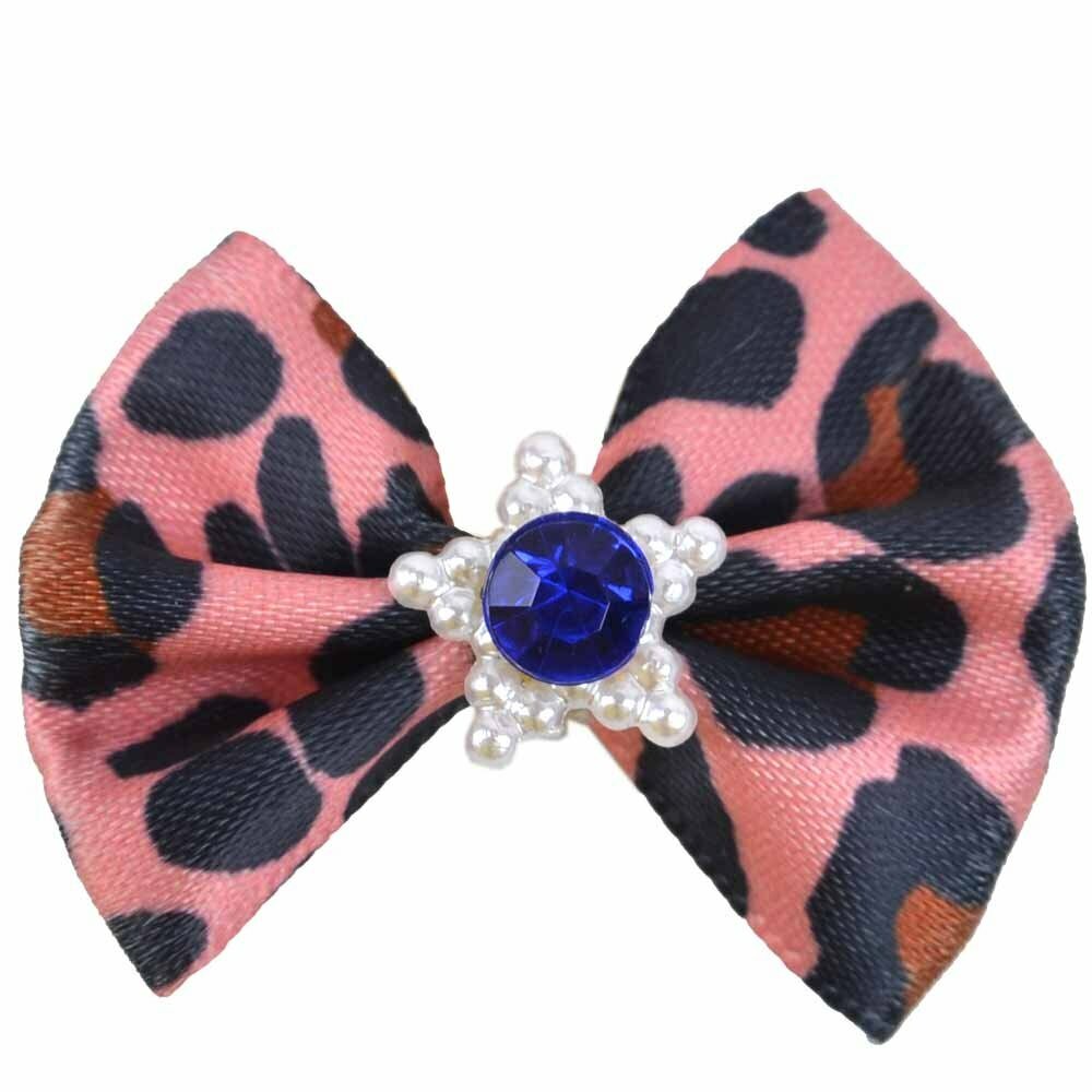 Lazo para el pelo de perros con goma elástica de GogiPet, con estampado leopardo rosa y piedra azul brillante en medio de una estrella de perlas