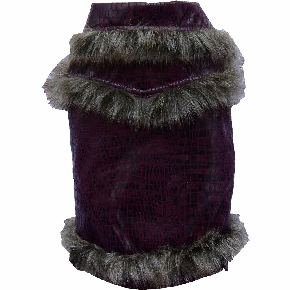 Lujoso y cálido abrigo para perros de piel de cocodrilo de imitación y cintura y cuello de pelo, rojo borgoña. DoggyDolly W034