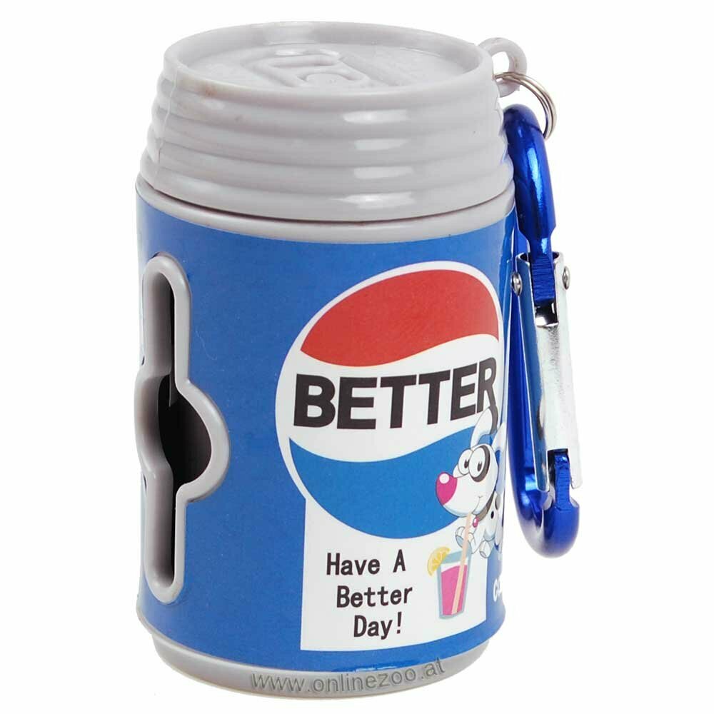 Dispensador de bolsas para excrementos de perro, con diseño de lata de Pepsi Cola.